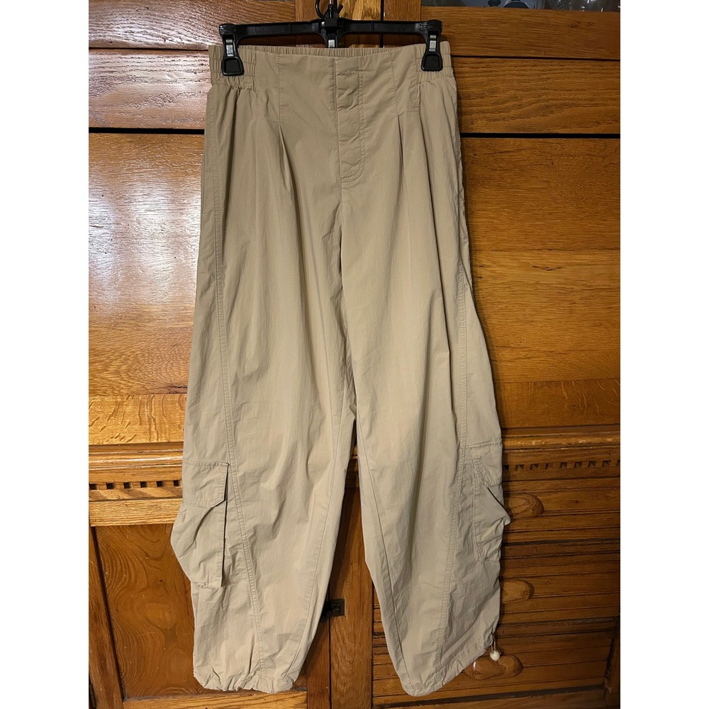 Elan Y2K Gorpcore Tan Khaki Cargo Pants Wide Leg Elastic Waist Bungee Hem Small